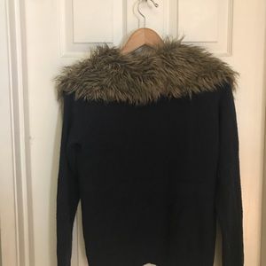 Dark blue cardigan with removable faux fur collar.